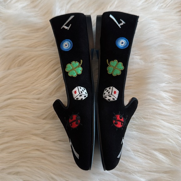 Nicky Hilton x French Sole Lucky Embroidered Black Suede Flats Size 6 - Picture 7 of 15